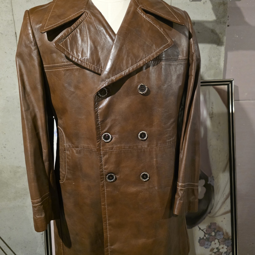 Men's Tan Leather Double-Breasted Trench Coat